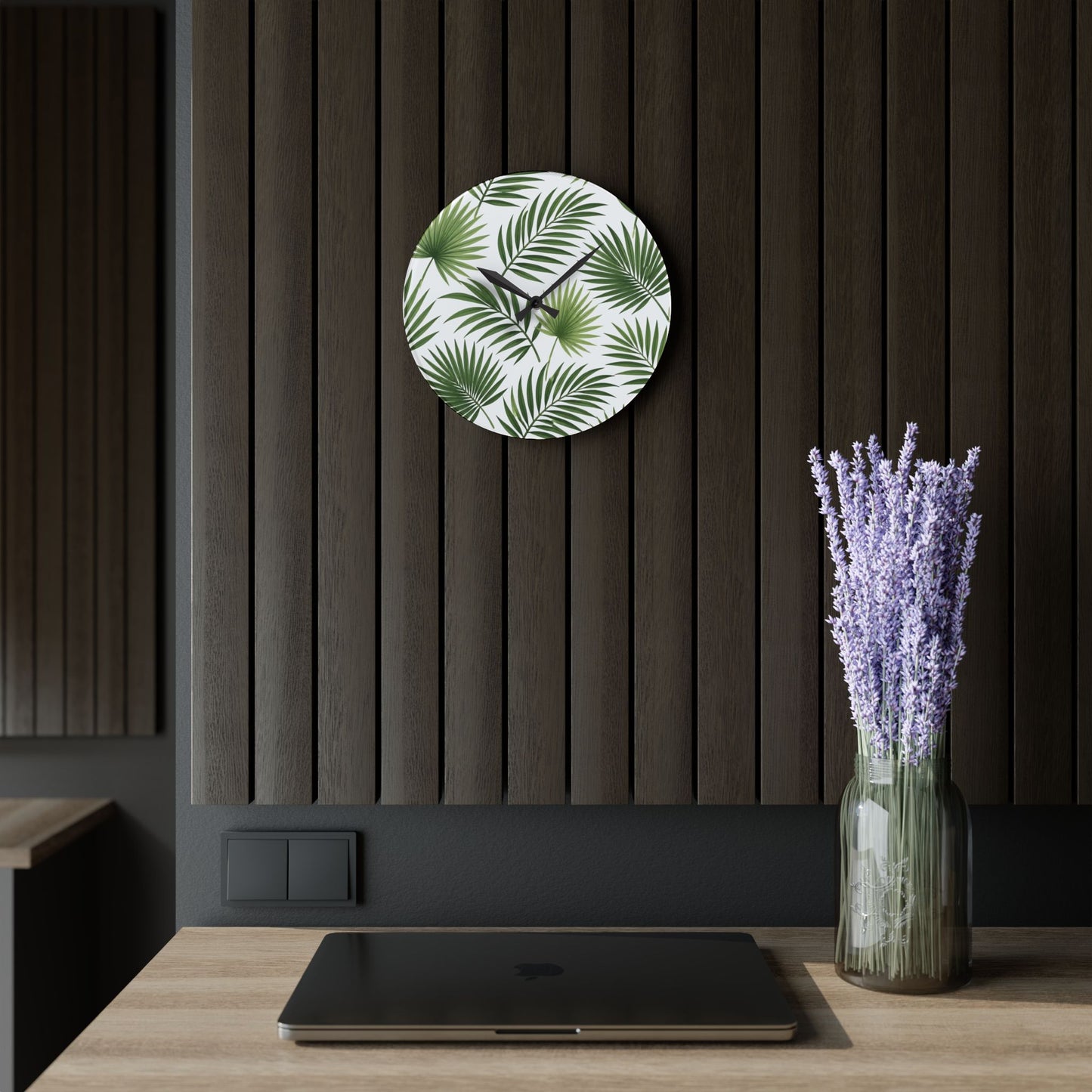 Tropical Palm Leaf Acrylic Wall Clock — Botanical Green Home Decor