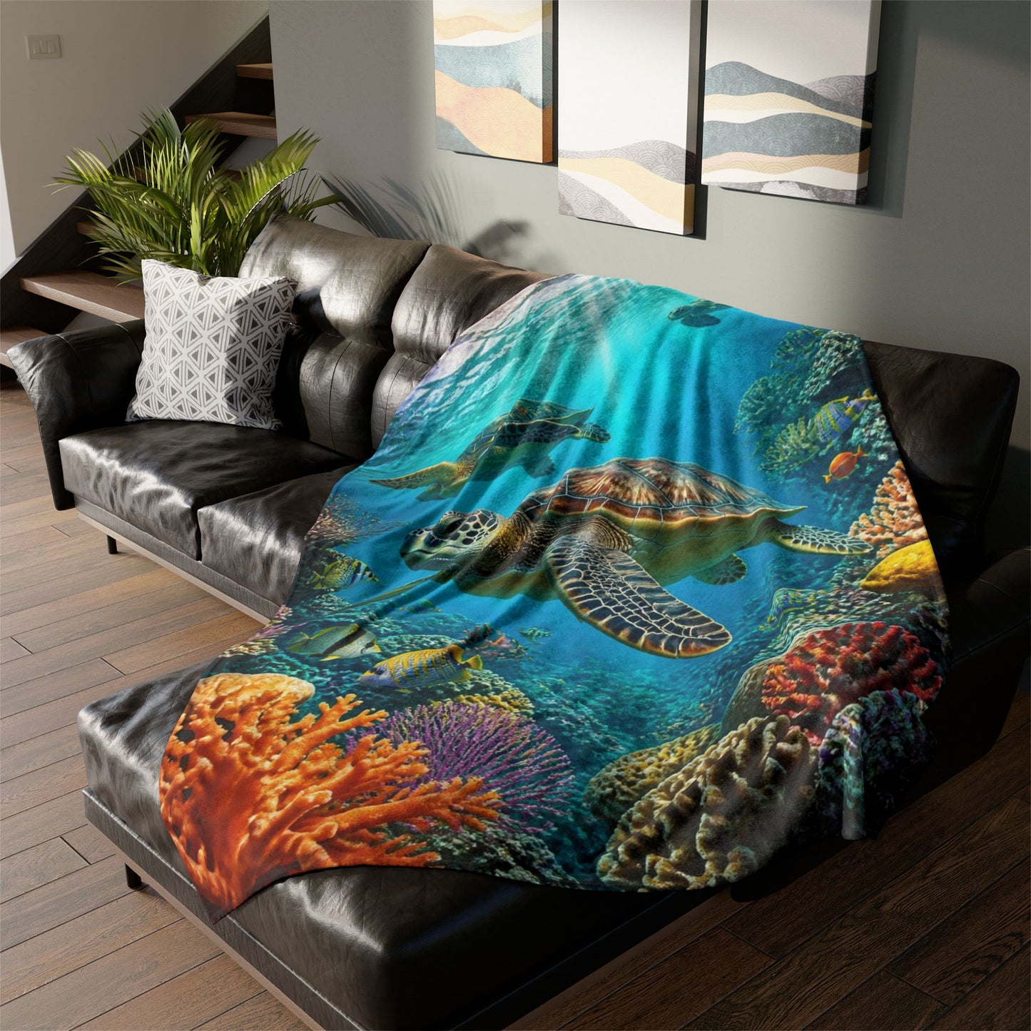 Sea Turtle Ocean Coral Soft Polyester Blanket — Marine Life Throw for Beach Lovers