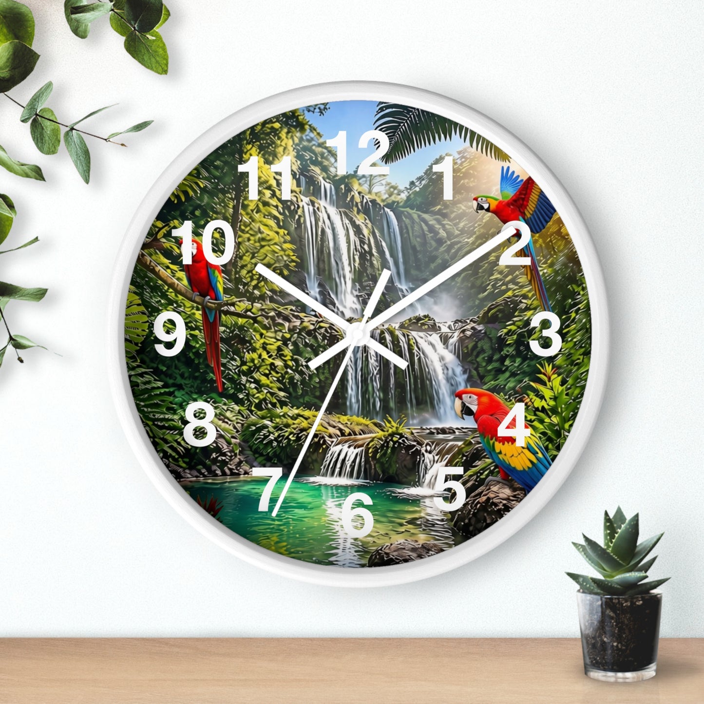 Tropical Waterfall Wall Clock with Colorful Parrots – Scenic Jungle Decor