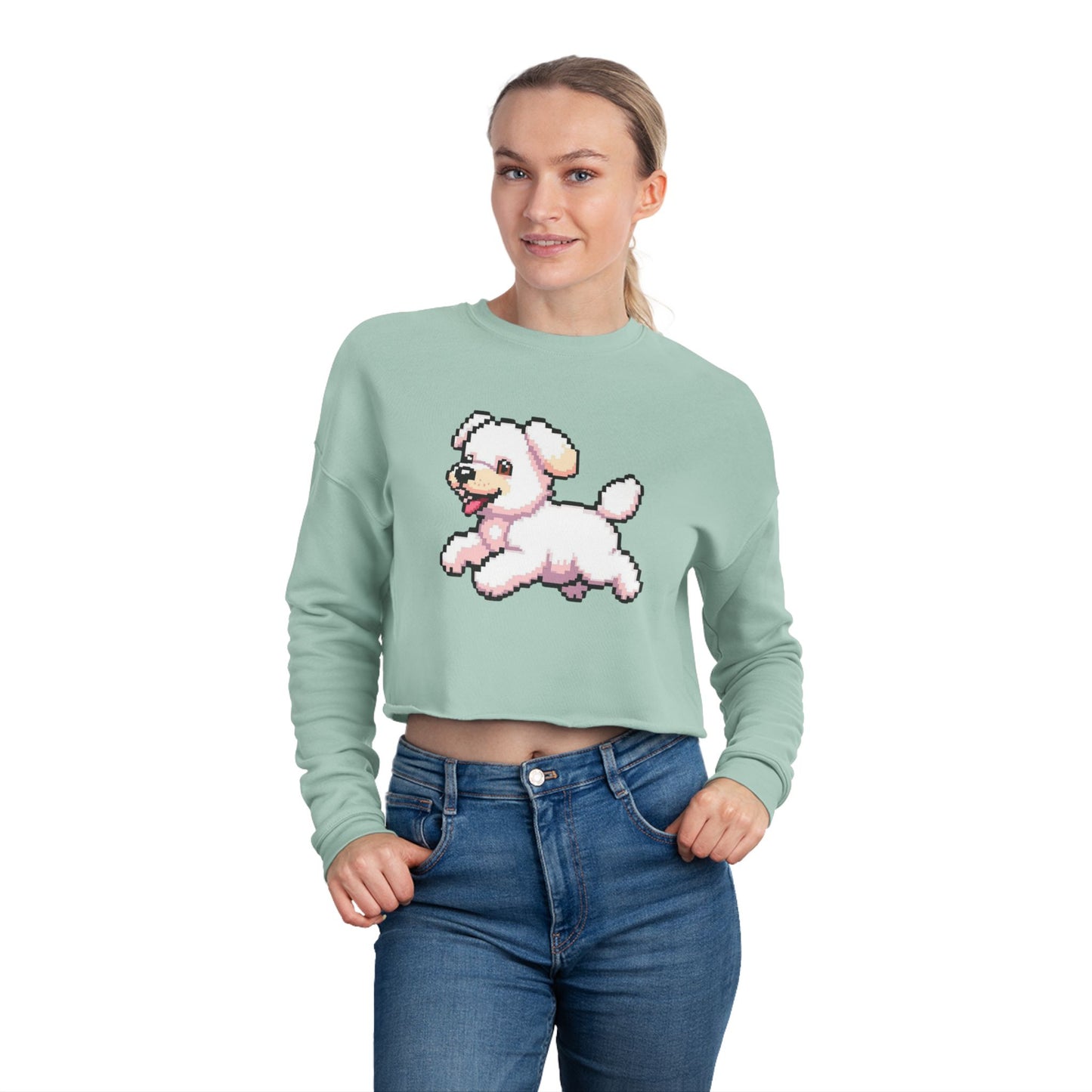 Playful Puppy Women's Cropped Sweatshirt, Cute Dog Sweatshirt, Pet Lover Gift, Casual Chic Top, Spring Fashion, Animal Lover Apparel