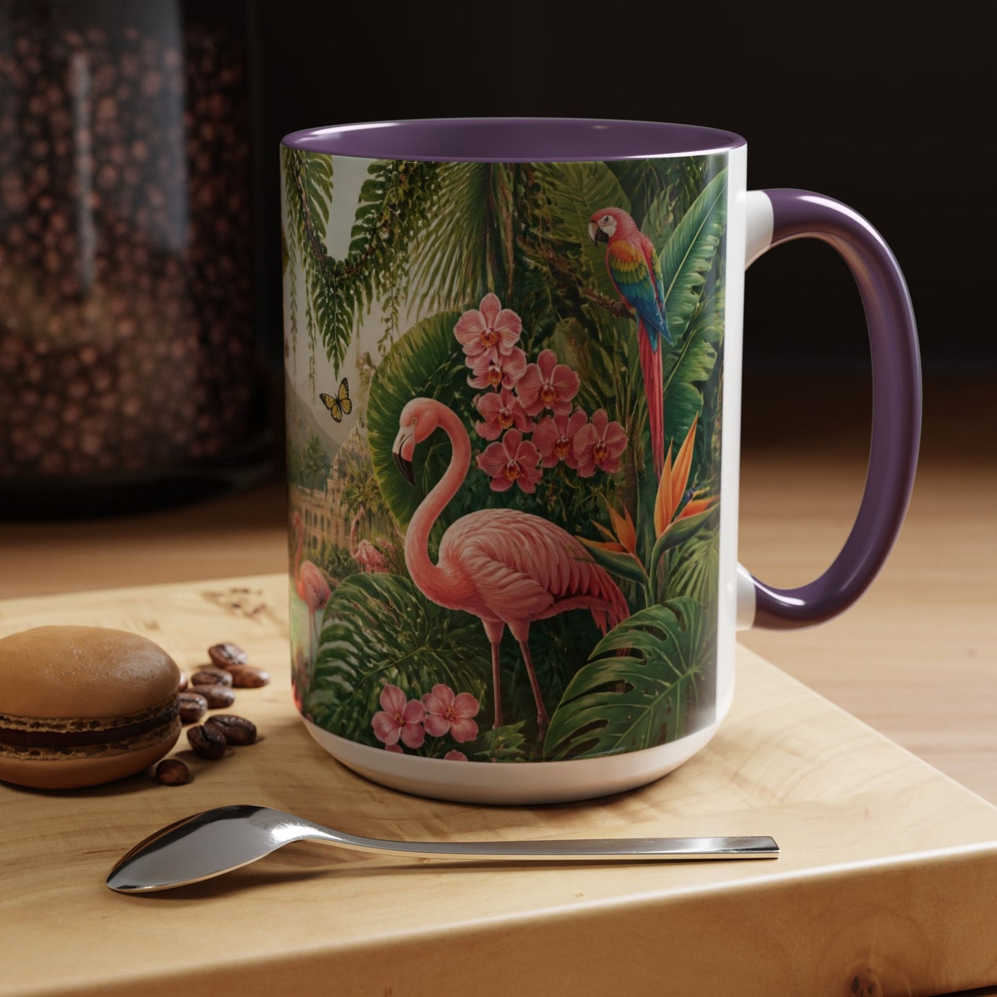 Tropical Flamingo Accent Mug — Colorful Parrot & Palm Coffee Cup