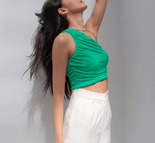 One Shoulder Ruched Crop Top – Women's Summer Sleeveless Tank