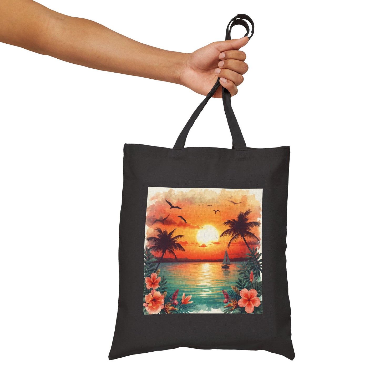 Tote Bag — Tropical Sunset Beach Canvas Tote (Palm Trees & Hibiscus)
