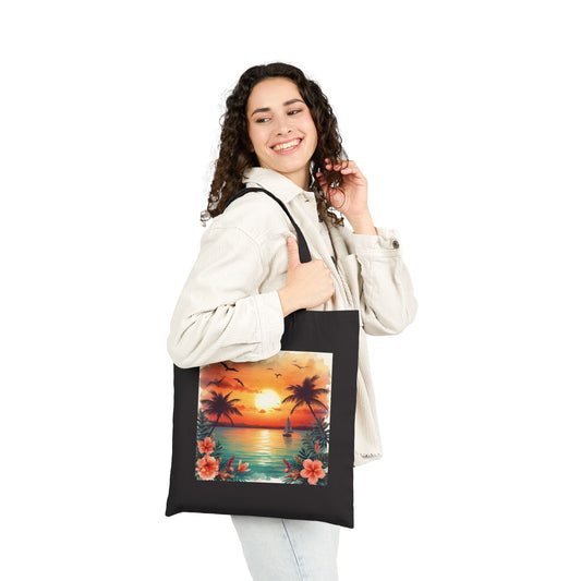 Tote Bag — Tropical Sunset Beach Canvas Tote (Palm Trees & Hibiscus)