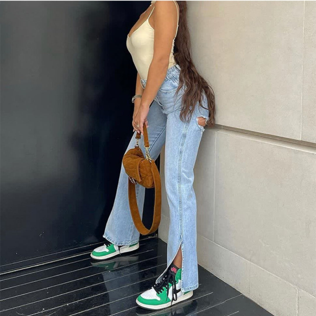High Waist Stretch Ripped Hem Slit Denim Trousers for Women