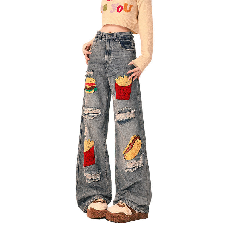 Women's Ripped Loose Fit Wide-Leg Jeans – Streetwear Oversized Denim Trousers