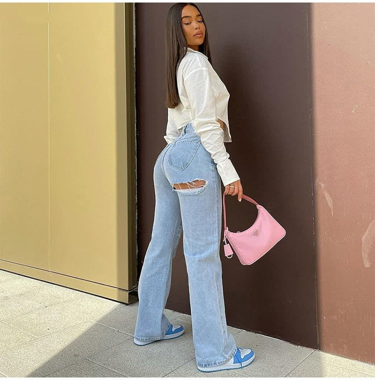 High Waist Stretch Ripped Hem Slit Denim Trousers for Women