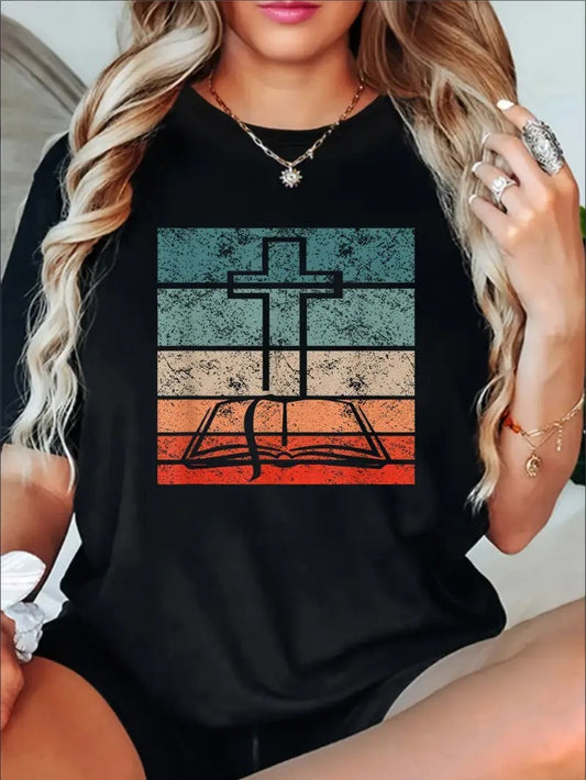 Crucifix & Bible Print Tee – Women’s Casual Crew Neck T-Shirt