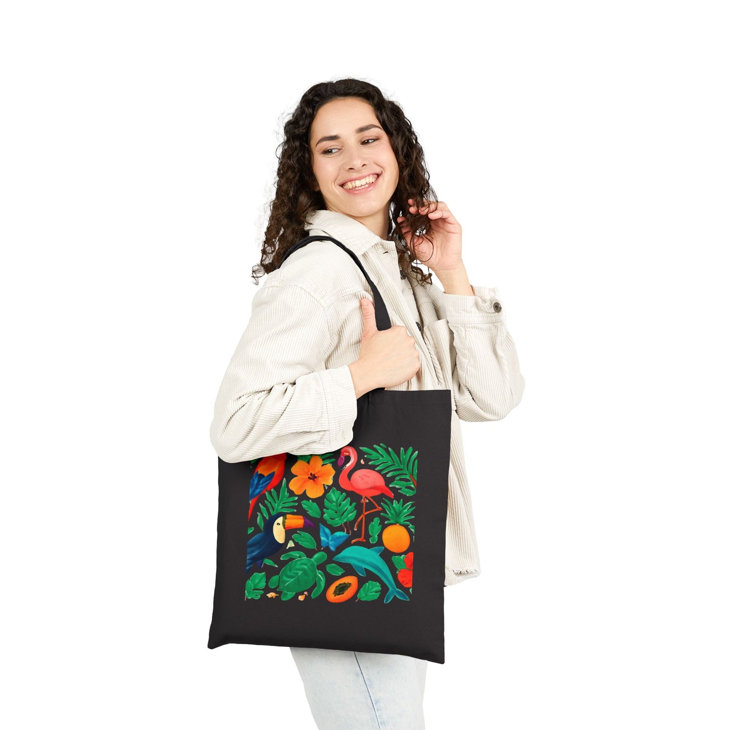 Tote Bag — Tropical Birds Canvas Tote (Flamingo, Toucan & Parrot Print)