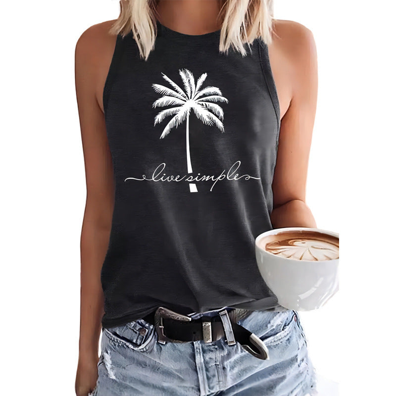 Women’s Sleeveless Coconut Tree Graphic Tee – Casual Summer Vest