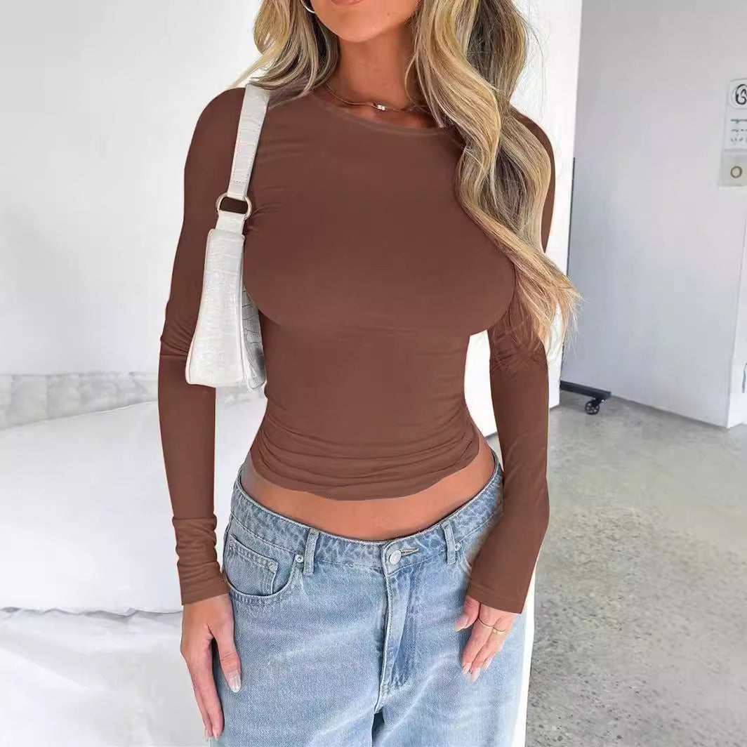Solid Color Slim Fit Long-Sleeve Tee – Women's Essential Round Neck