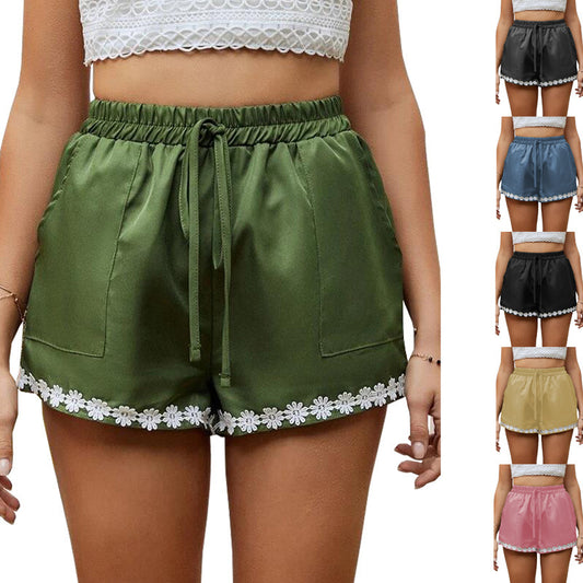 Women’s Lace Trim Loose Hot Pants – Elastic Waist & Tie Closure