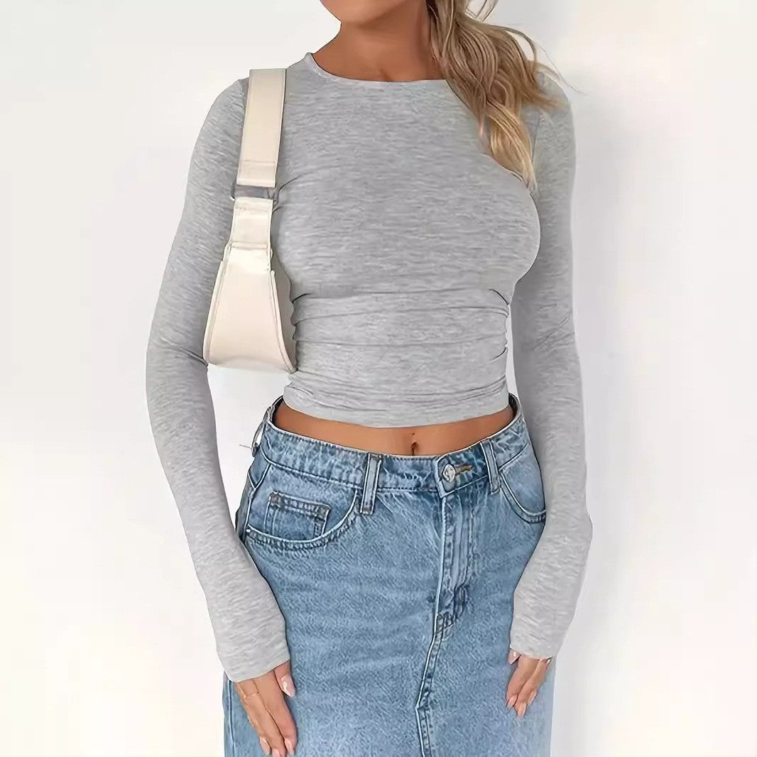 Solid Color Slim Fit Long-Sleeve Tee – Women's Essential Round Neck