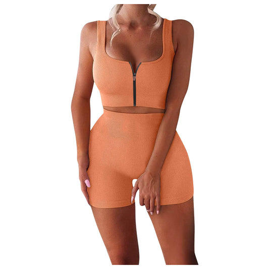 Women’s Ribbed Zipper Yoga Set – 2-Piece Tank & High Waist Shorts