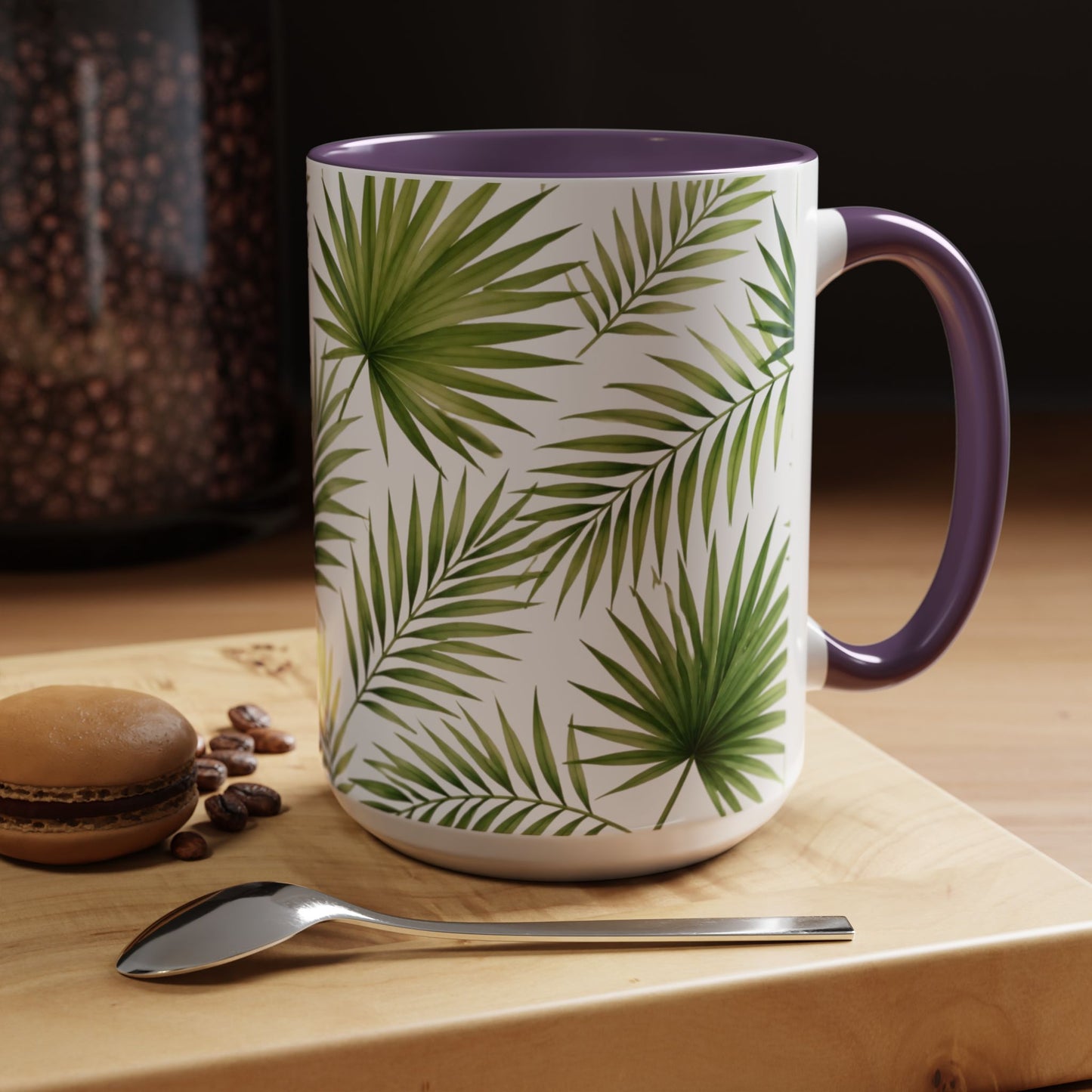 Tropical Palm Accent Coffee Mug – Green Leaf Pattern, 11/15oz