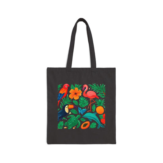 Tote Bag — Tropical Birds Canvas Tote (Flamingo, Toucan & Parrot Print)