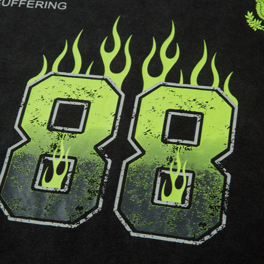 Flame Letter Print Two-in-One Retro Distressed Long Sleeve Top