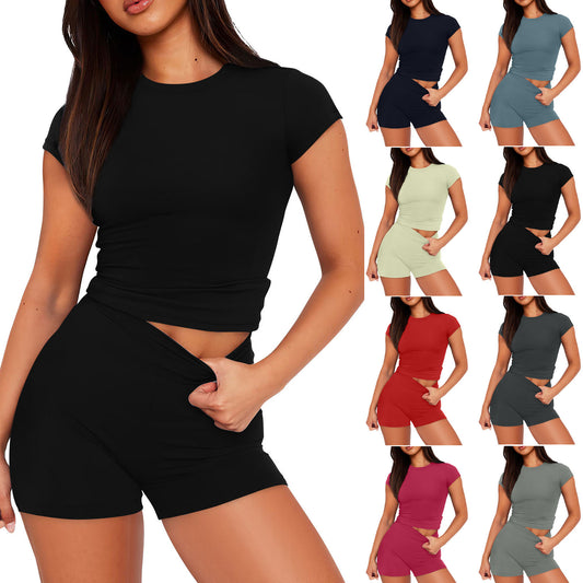Women’s Solid Color Slim Shirt Top & High Waist Shorts Two-Piece Set