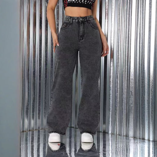 Women’s High-Waist Embroidered Jeans – Straight Fit, Casual Vintage Look