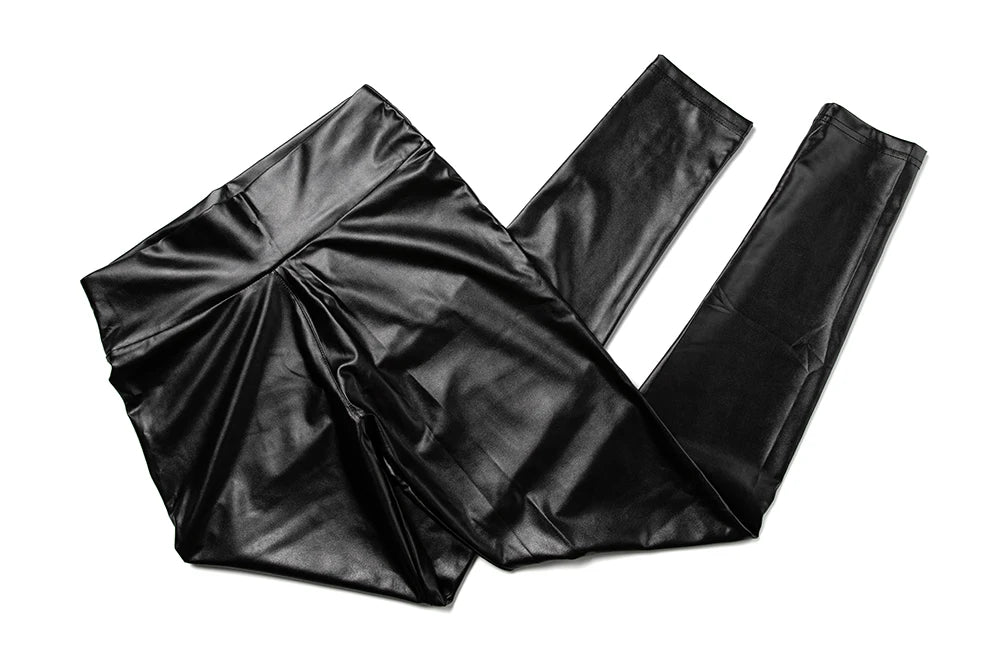 PU Leather High-Waist Skinny Leggings – Black, Push-Up Fit with Pockets