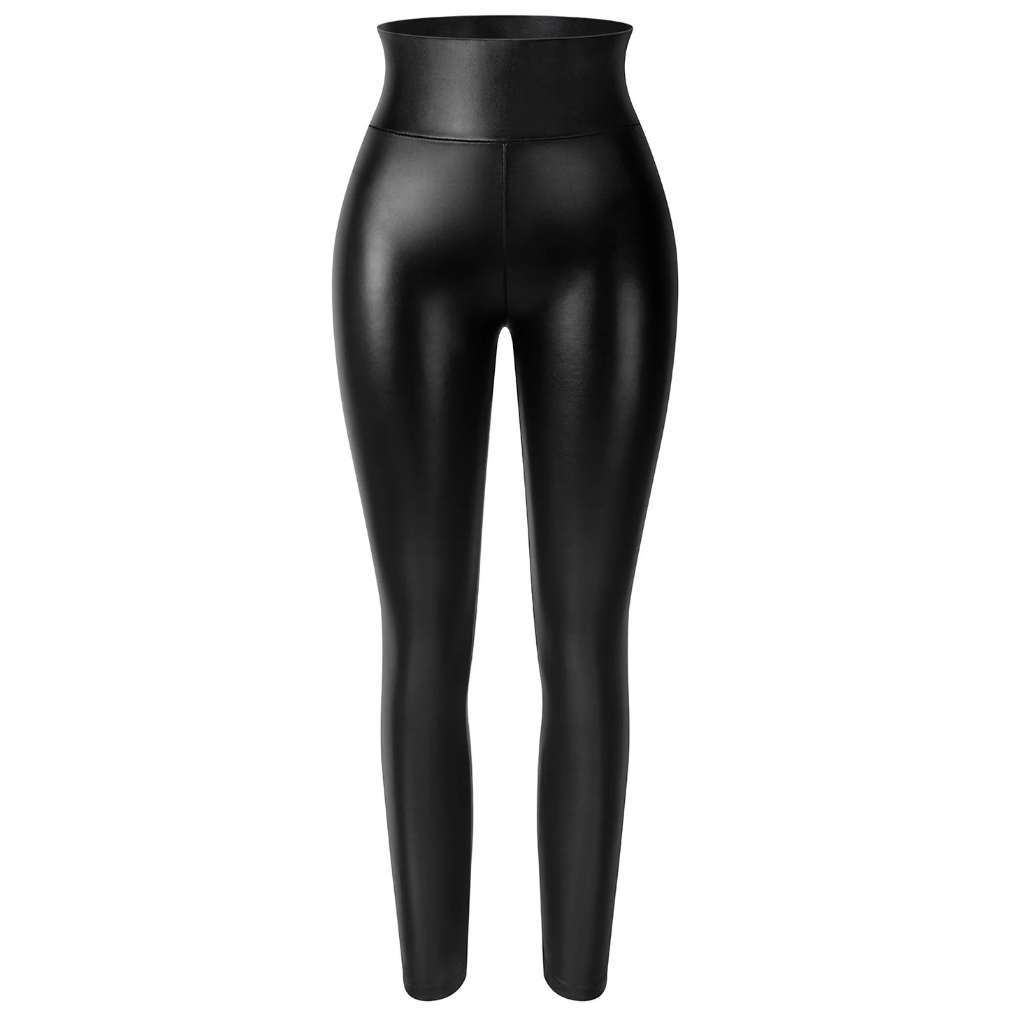 PU Leather High-Waist Skinny Leggings – Black, Push-Up Fit with Pockets