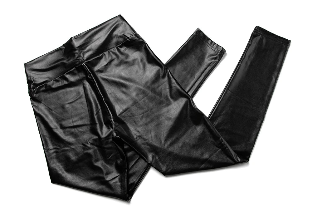 PU Leather High-Waist Skinny Leggings – Black, Push-Up Fit with Pockets