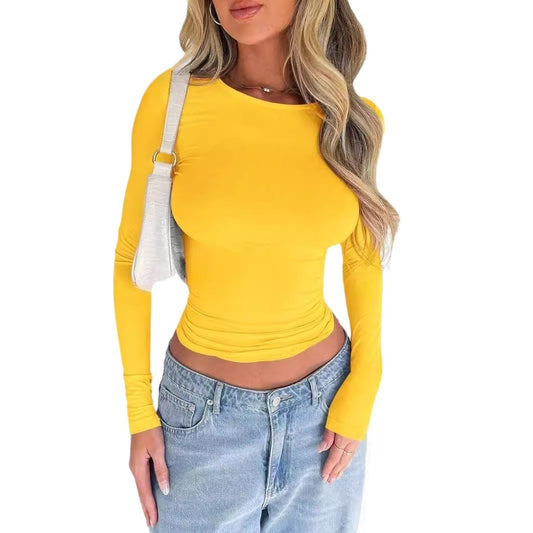 Solid Color Slim Fit Long-Sleeve Tee – Women's Essential Round Neck