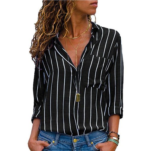 Women's Fashion Long-Sleeve Shirt – Multicolor Striped Casual Blouse