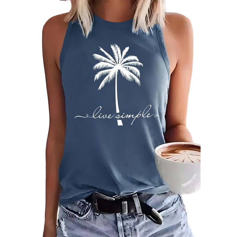 Women’s Sleeveless Coconut Tree Graphic Tee – Casual Summer Vest