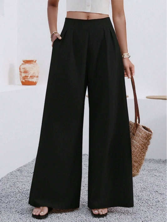 Women's Wide-Leg Pocket Pants – Solid Color, Loose Fit, Elegant Style