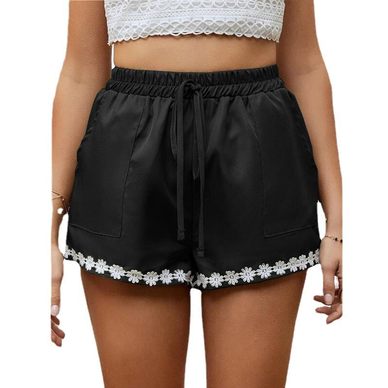Women’s Lace Trim Loose Hot Pants – Elastic Waist & Tie Closure