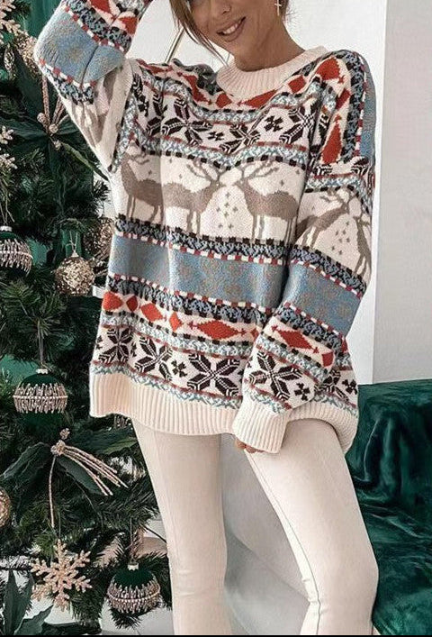 Women's Fashion Round Neck Loose Christmas Theme Jacquard Long Sleeve Sweater