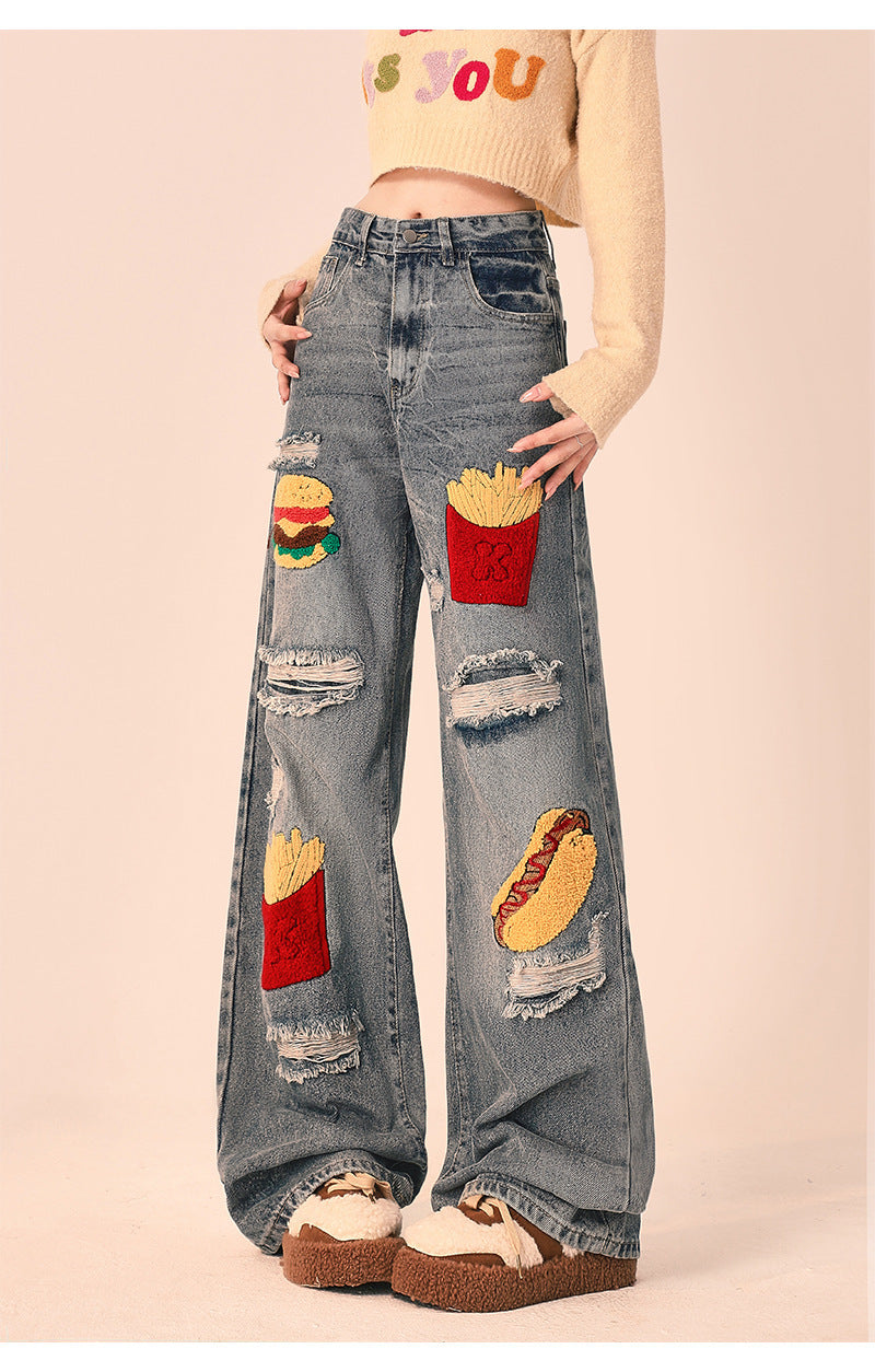 Women's Ripped Loose Fit Wide-Leg Jeans – Streetwear Oversized Denim Trousers