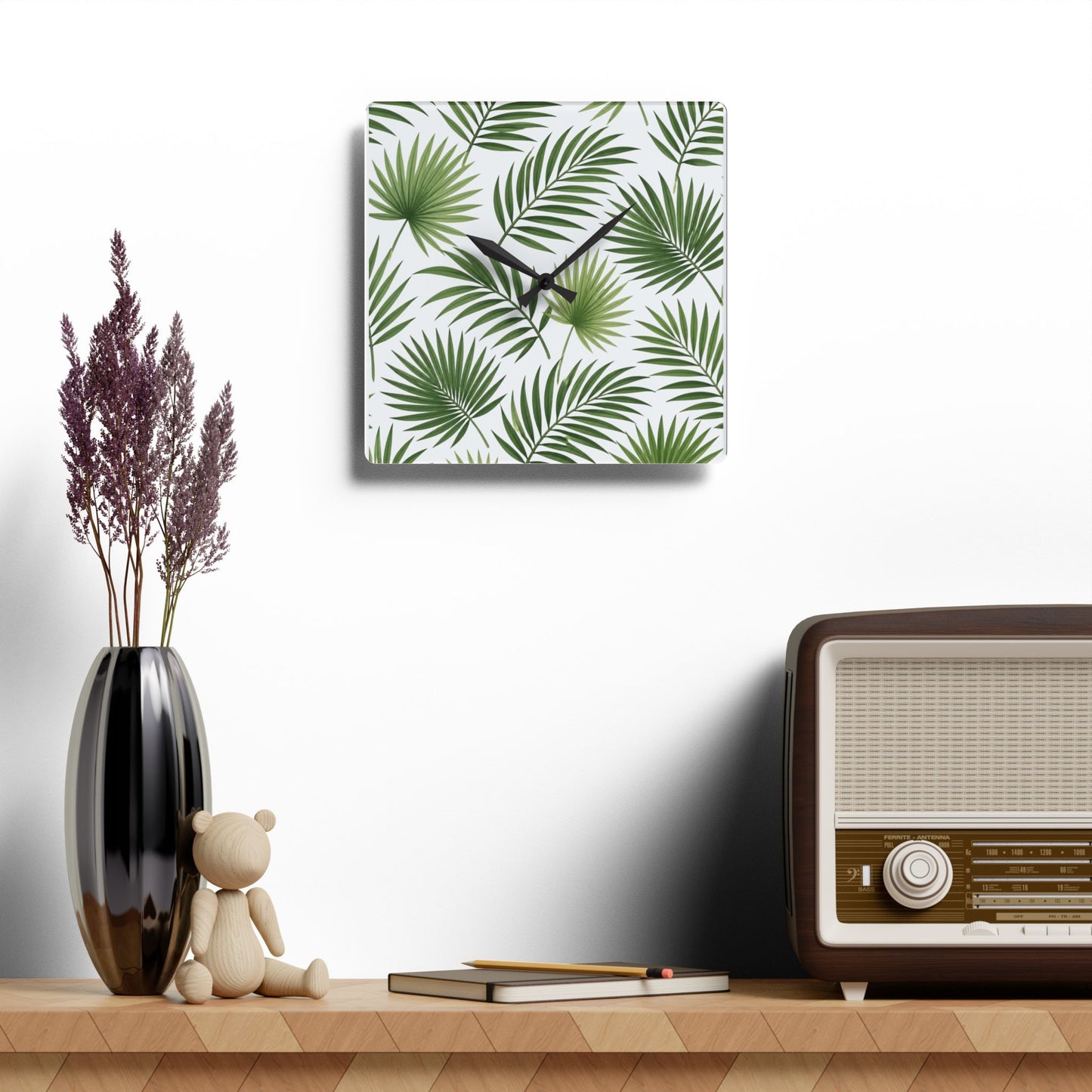 Tropical Palm Leaf Acrylic Wall Clock — Botanical Green Home Decor