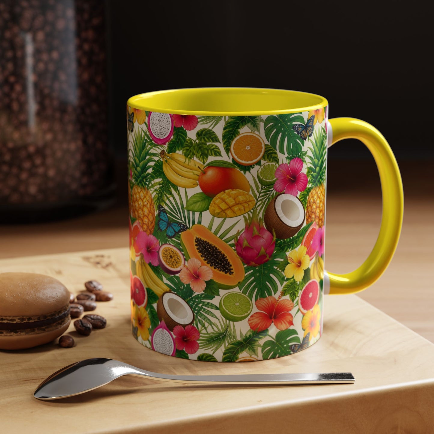 Tropical Fruit Coffee Mug — Colorful Pineapple & Hibiscus Accent Ceramic Mug (11/15oz)