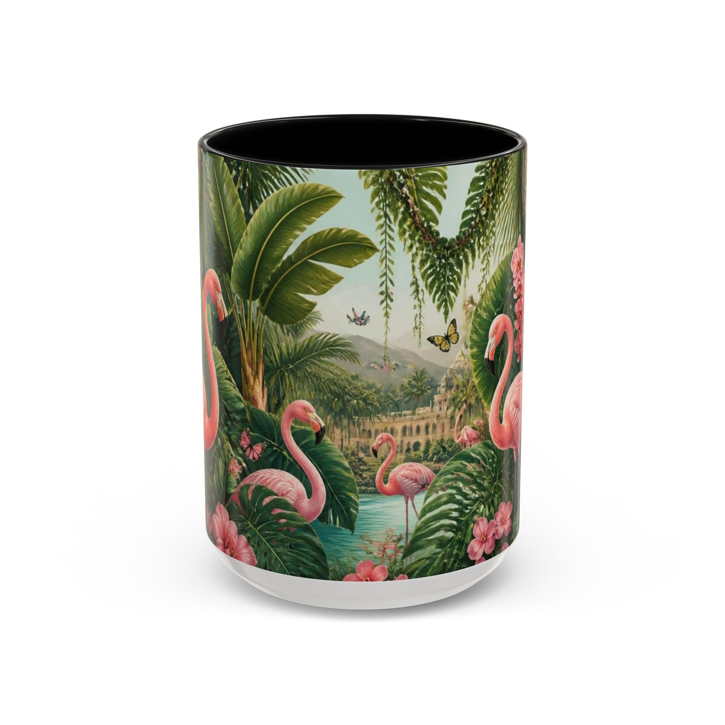 Tropical Flamingo Accent Mug — Colorful Parrot & Palm Coffee Cup