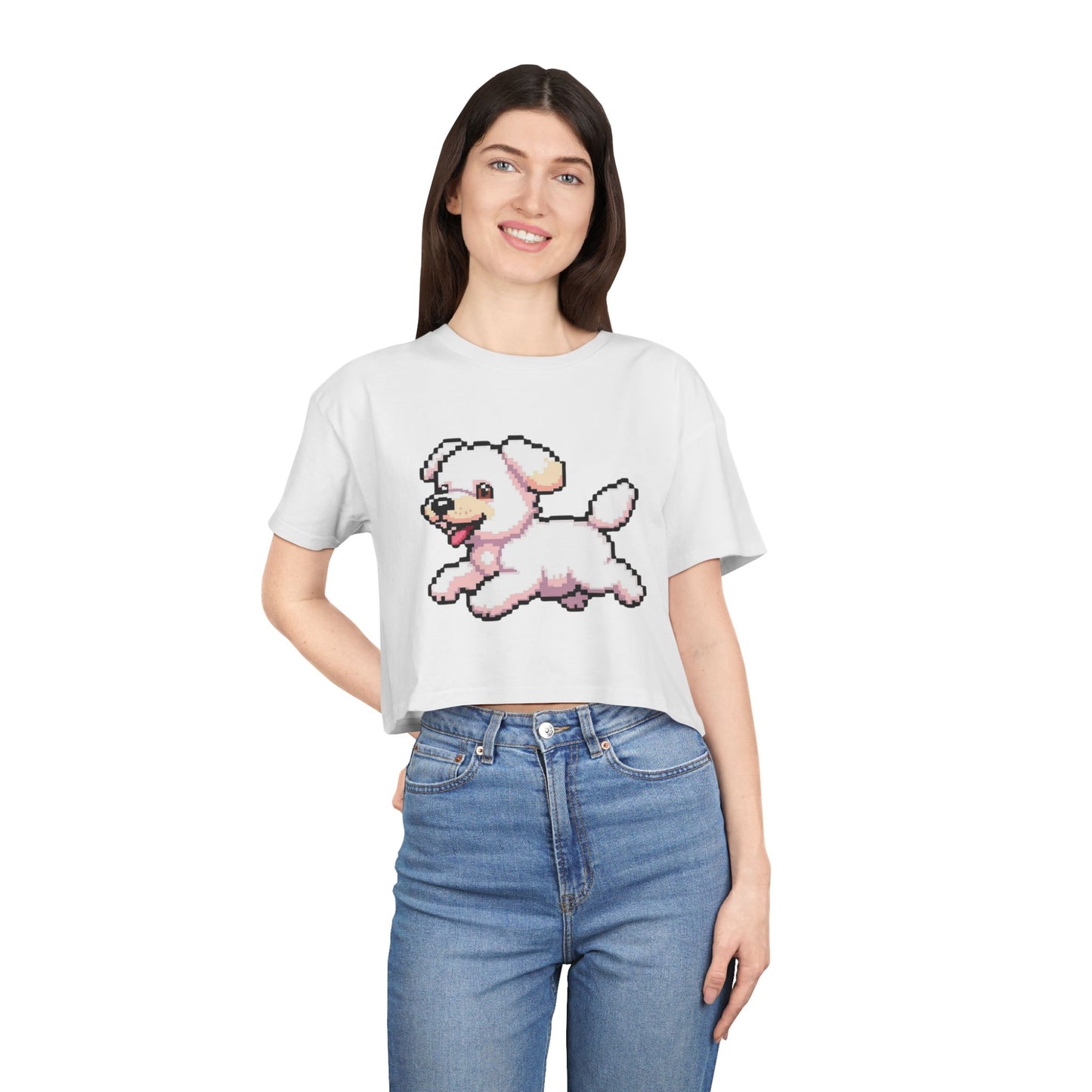 Playful Retro Dog Women's Crop Tee, Cute Animal Top, Summer Shirt, Gift for Dog Lovers, Casual Style, Beachwear