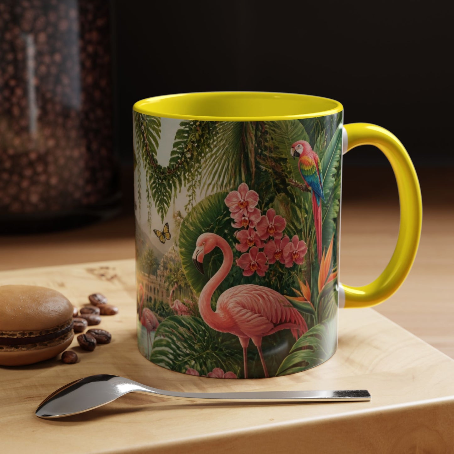 Tropical Flamingo Accent Mug — Colorful Parrot & Palm Coffee Cup