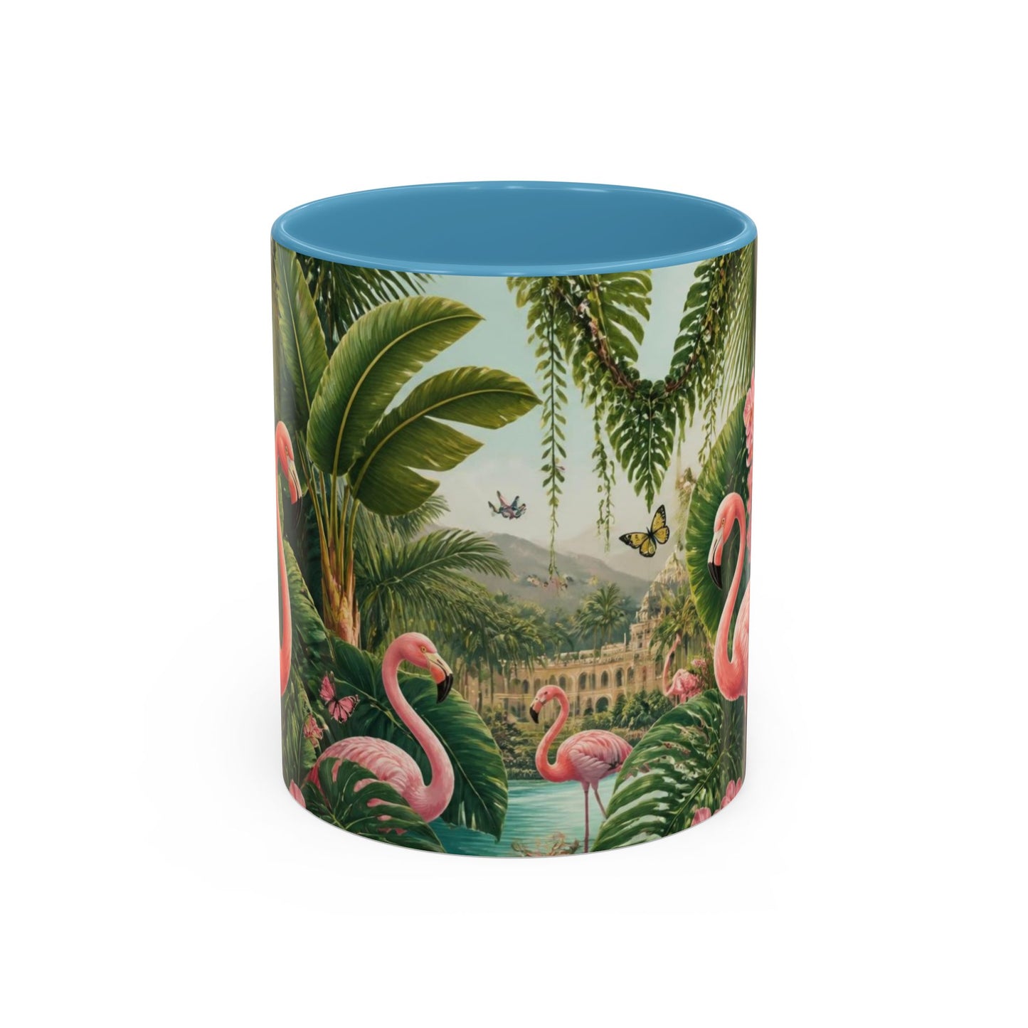 Tropical Flamingo Accent Mug — Colorful Parrot & Palm Coffee Cup