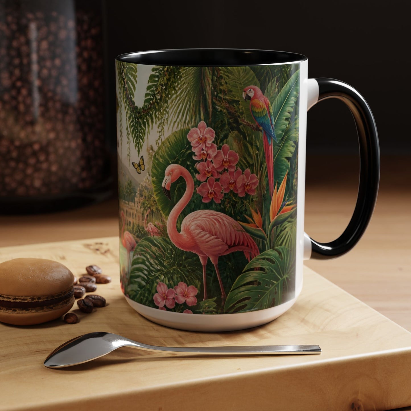 Tropical Flamingo Accent Mug — Colorful Parrot & Palm Coffee Cup