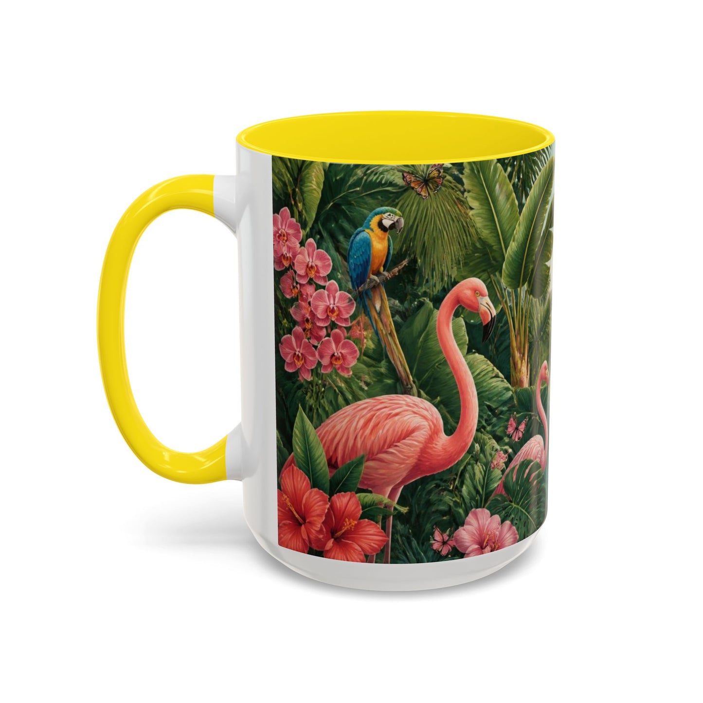 Tropical Flamingo Accent Mug — Colorful Parrot & Palm Coffee Cup