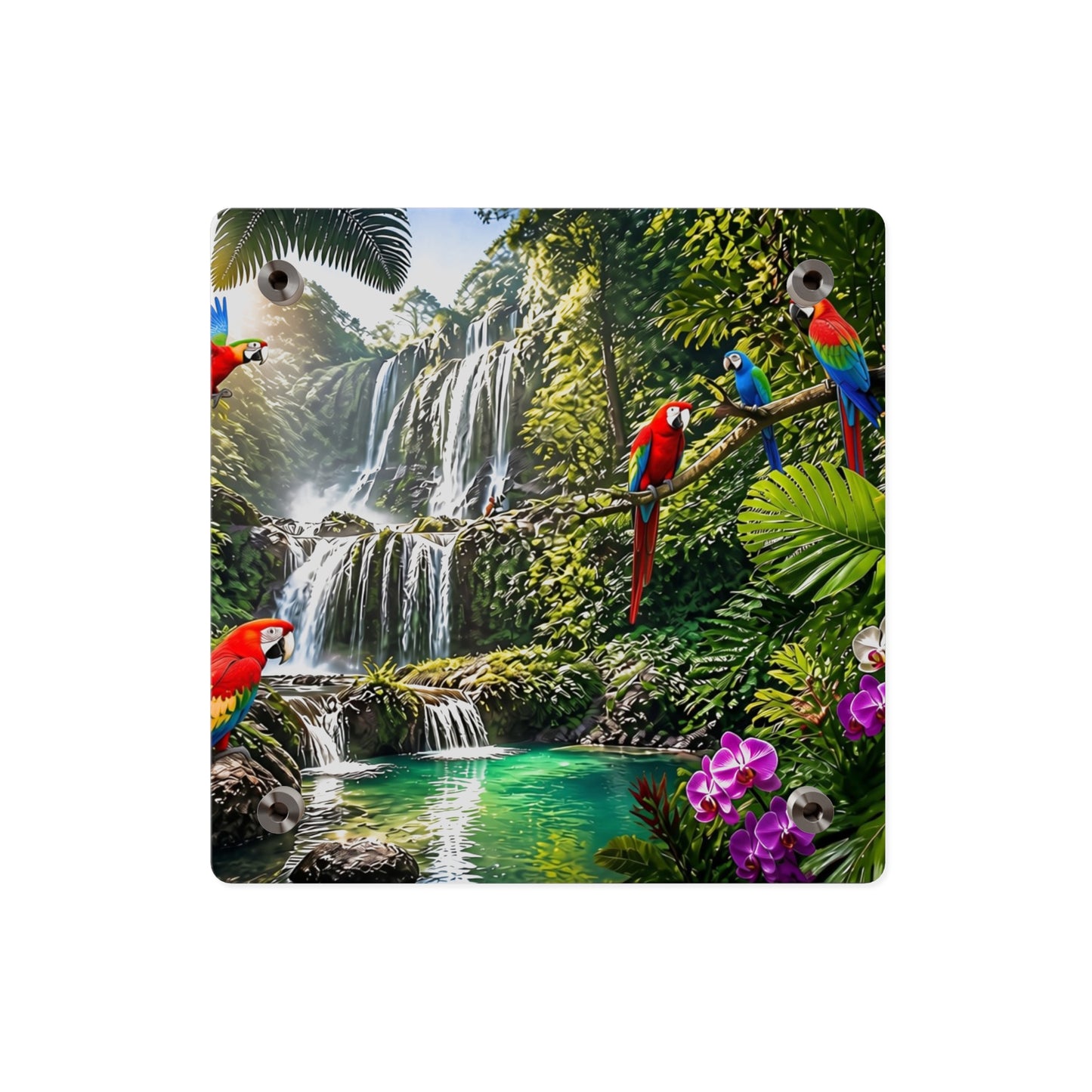 Tropical Waterfall Acrylic Wall Art Panel — Parrots & Jungle Oasis