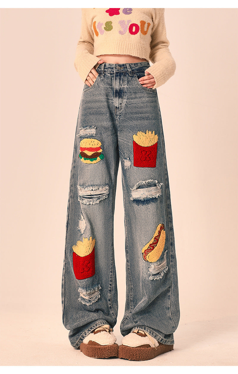Women's Ripped Loose Fit Wide-Leg Jeans – Streetwear Oversized Denim Trousers