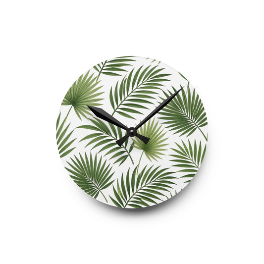 Tropical Palm Leaf Acrylic Wall Clock — Botanical Green Home Decor