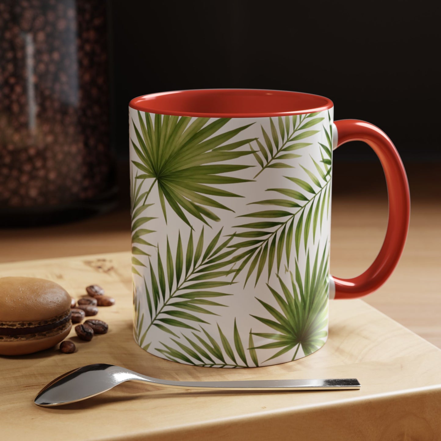 Tropical Palm Accent Coffee Mug – Green Leaf Pattern, 11/15oz
