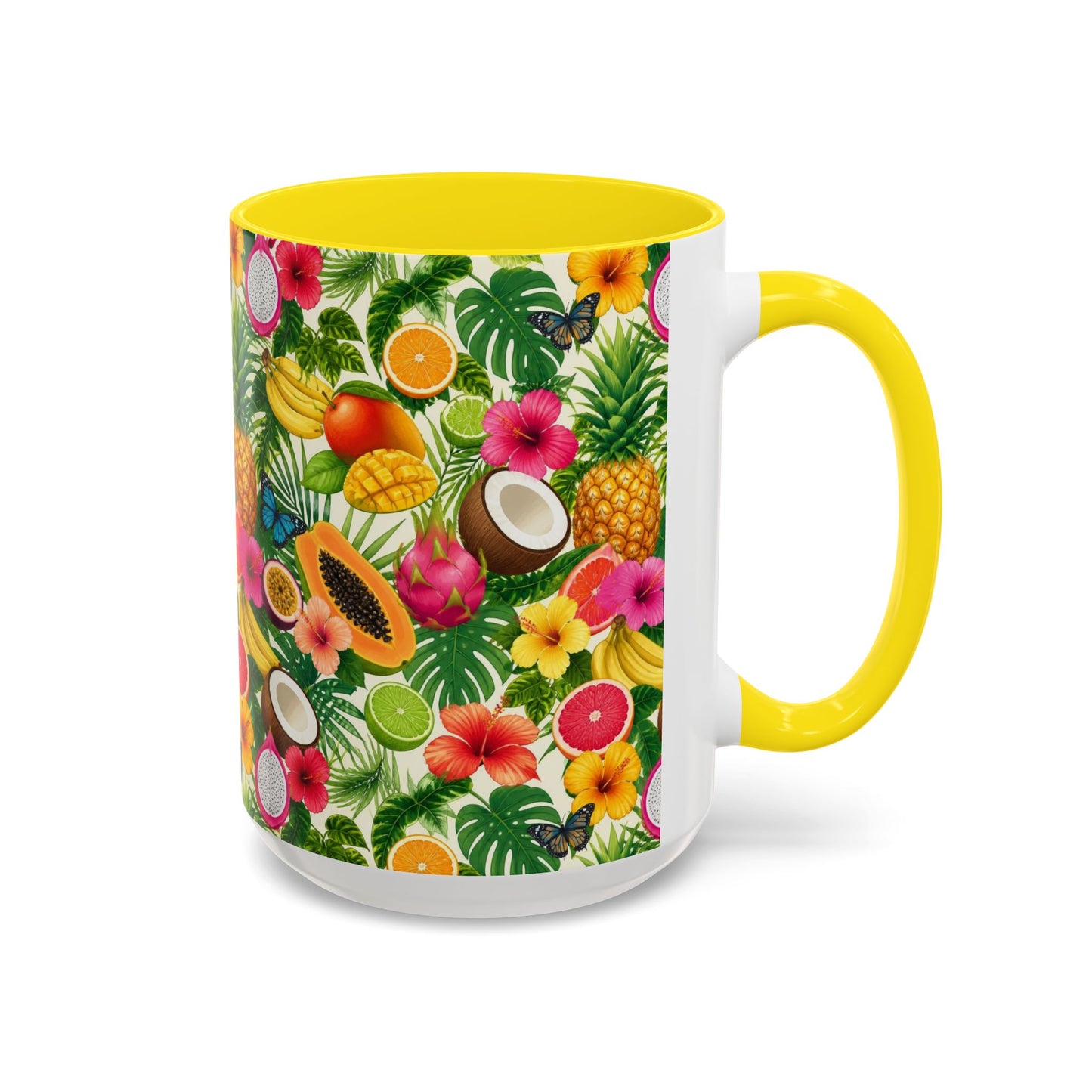 Tropical Fruit Coffee Mug — Colorful Pineapple & Hibiscus Accent Ceramic Mug (11/15oz)