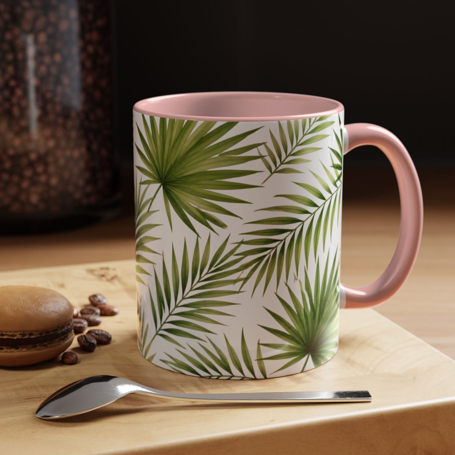 Tropical Palm Accent Coffee Mug – Green Leaf Pattern, 11/15oz