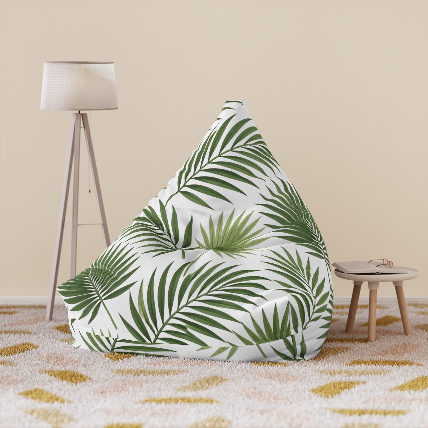 Tropical Palm Leaf Bean Bag Cover - Green Botanical Floor Pouf Slipcover