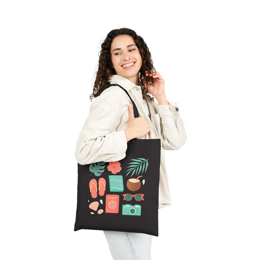 Tote Bag — Summer Travel Essentials Canvas Tote (flip-flops, camera, coconut & sunglasses)