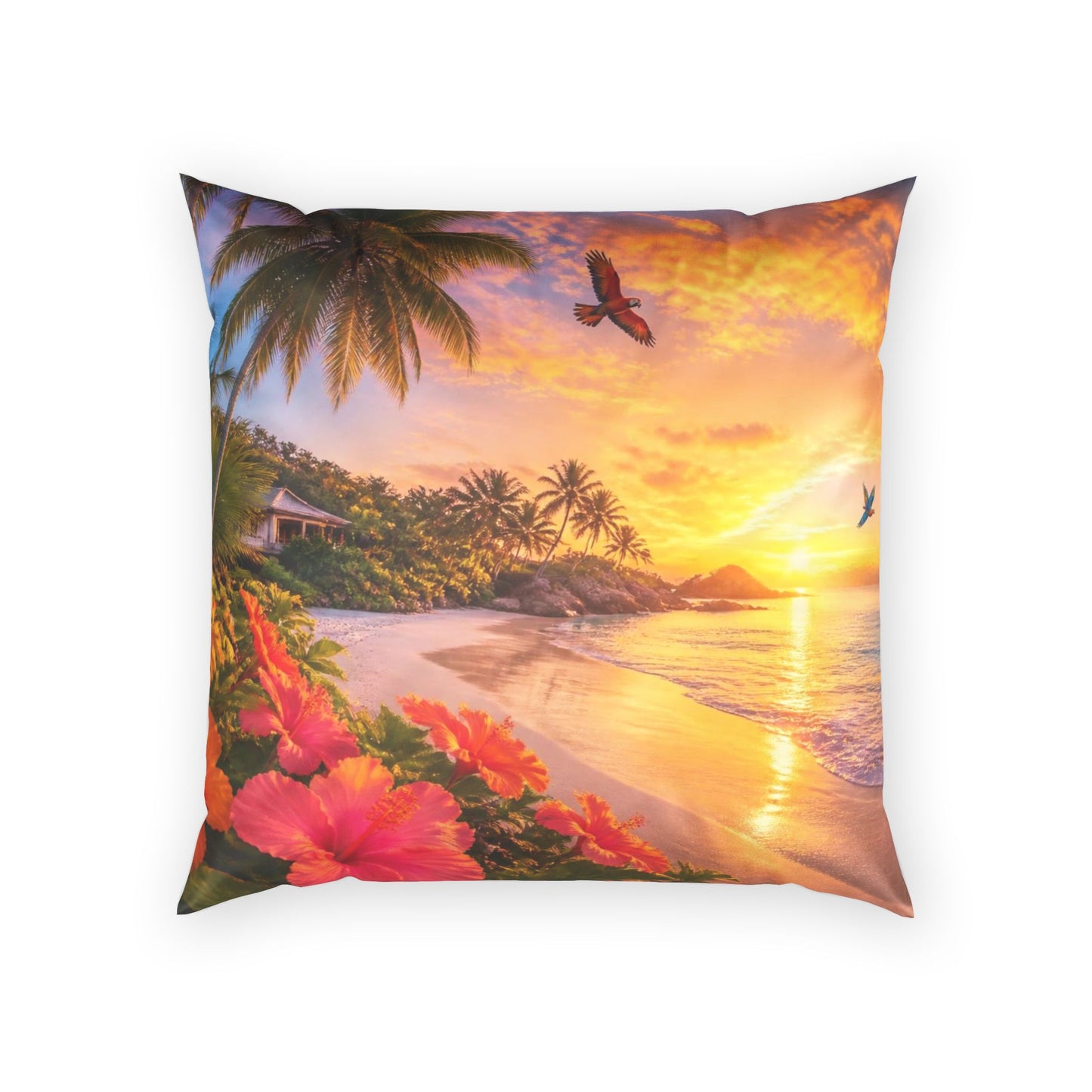 Tropical Sunset Pillow – Beach Scene Poly Velvet Decorative Throw Pillow